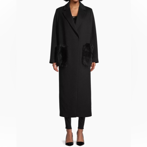 New Kobi Halperin Notched Collar Wool Blend Coat Fur Pockets Shearling Black XS - Picture 14 of 16